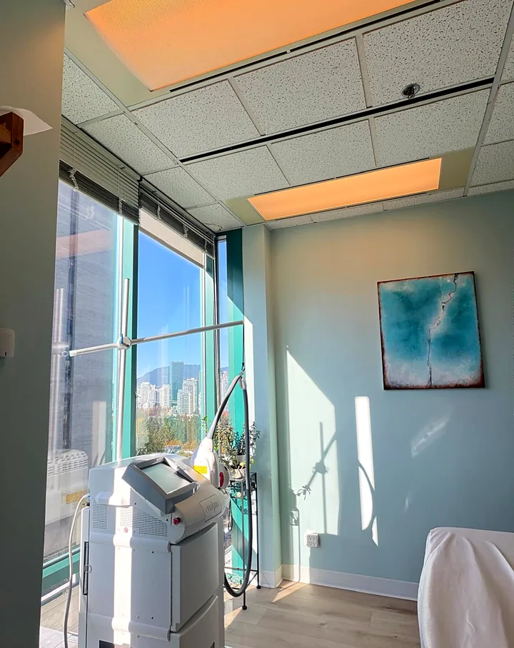 Laser room with a view of the North Shore mountains at Pure Light Laser Clinic, Vancouver