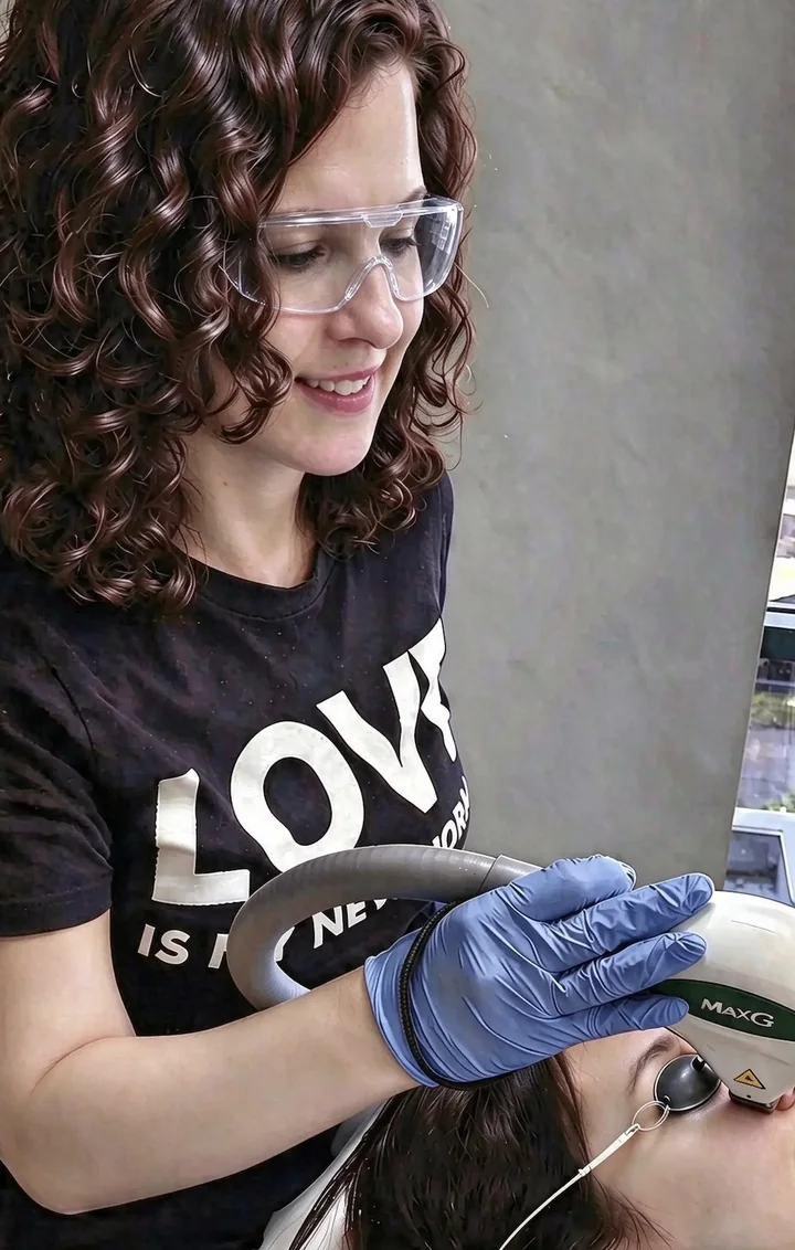 Rita Moldovanos giving an IPL photofacial with the MaxG handpiece at Pure Light Laser