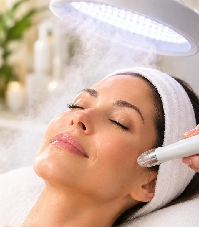 Client relaxing under LED light during a Brightening Facial with Diamond Peel microdermabrasion