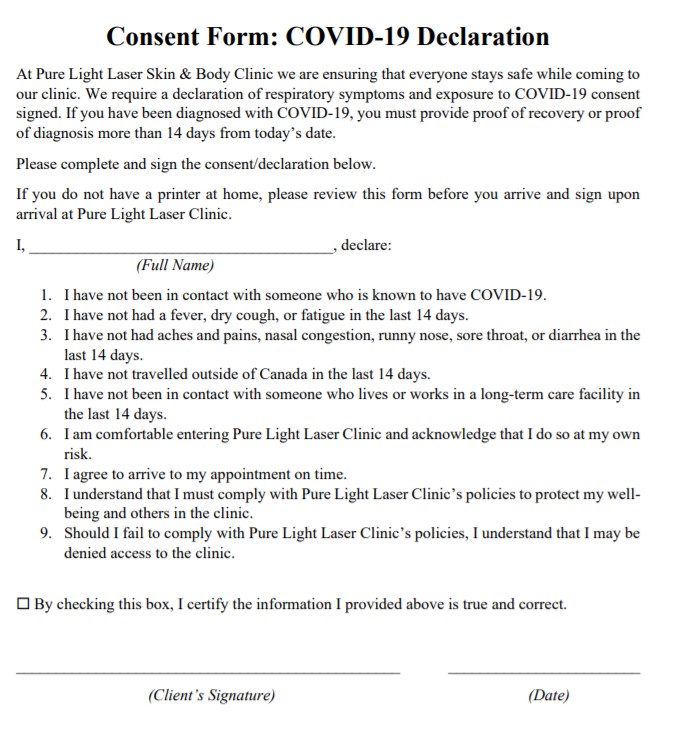 Pure Light Laser COVID-19 consent form for clients